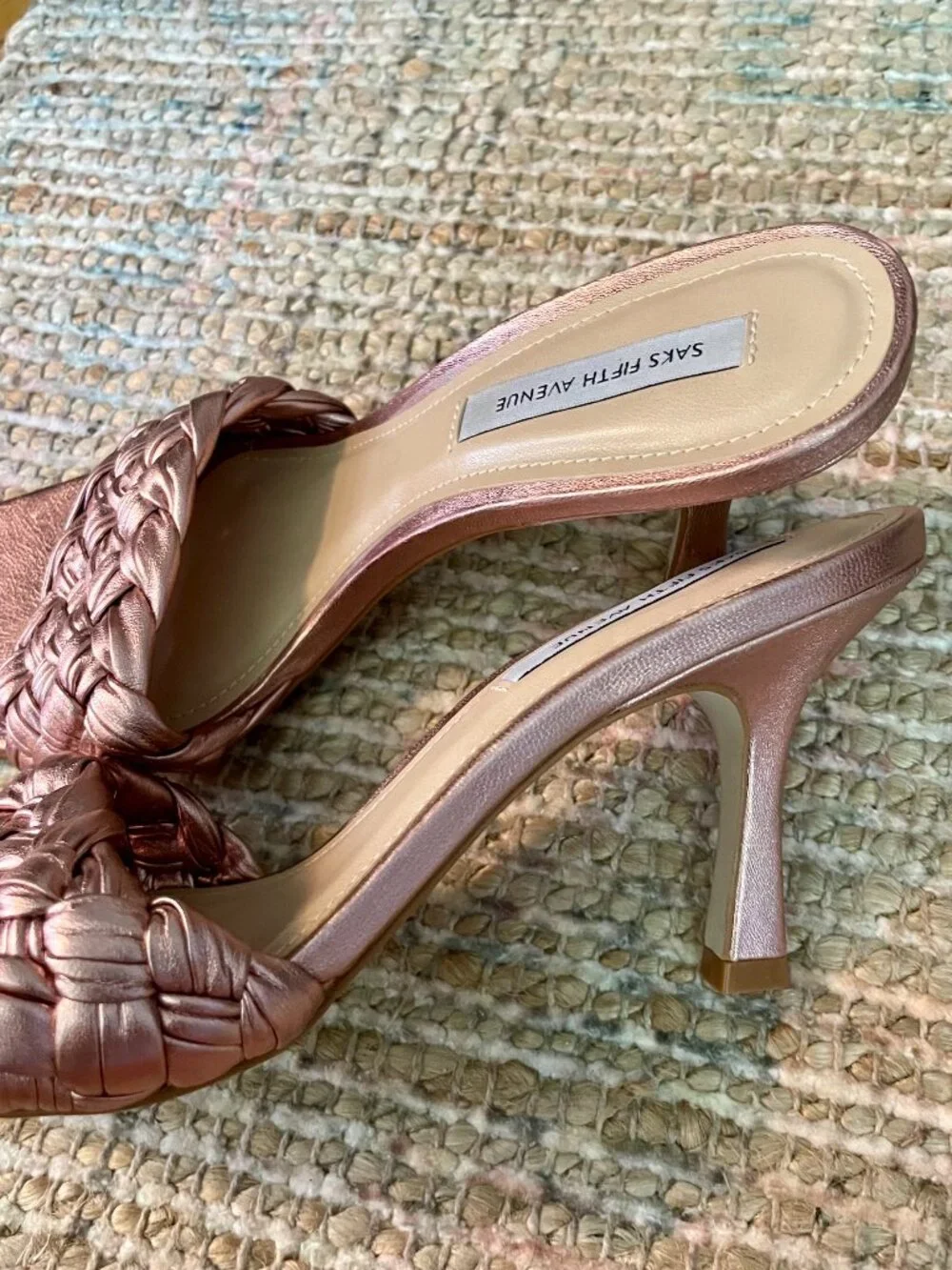 Saks Fifth Avenue Metallic Rose Gold Braided Leather Sandal Heel Slid on Size 9
